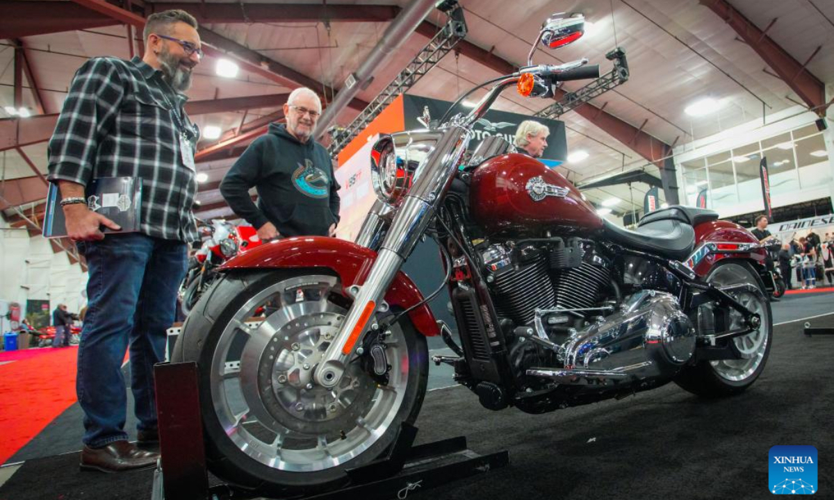 People view a motorcycle during the Vancouver Motorcycle and Powersport Show in Abbotsford, British Columbia, Canada, Jan. 17, 2025. The three-day event kicked off here on Friday. (Photo: Xinhua)