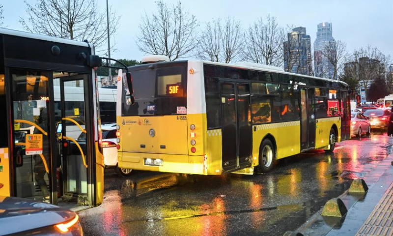 Buses stop at a bus stop in Istanbul, Türkiye, Jan. 15, 2025. Authorities in Istanbul, Türkiye's largest city, will hike public transport and taxi fares by 35 percent, state-run Anadolu news agency said on Wednesday. (Xinhua/Liu Lei)