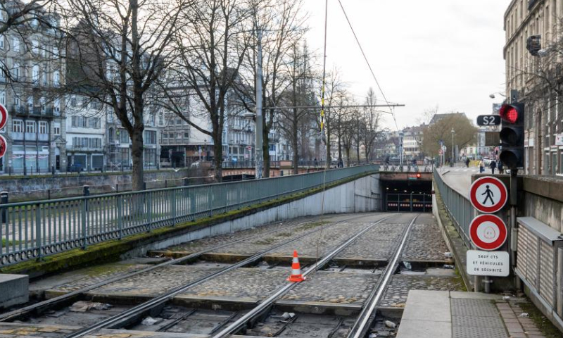 Certain areas of tram are closed near the Strasbourg central railway station following a collision of two trams in Strasbourg, France, on Jan. 12, 2025. (Photo by Genevieve Engel/Xinhua)