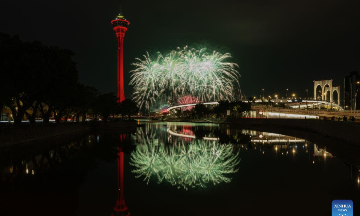 Fireworks in celebration of the Spring Festival illuminate the sky in Macao, south China, Feb. 4, 2025. (Xinhua/Cheong Kam Ka)
