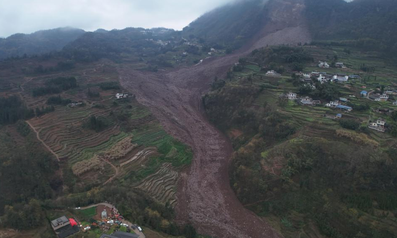 An aerial drone photo taken on Feb. 8, 2025 shows the site of a landslide in Jinping Village, Junlian County in the city of Yibin, southwest China's Sichuan Province. (Photo: Xinhua)