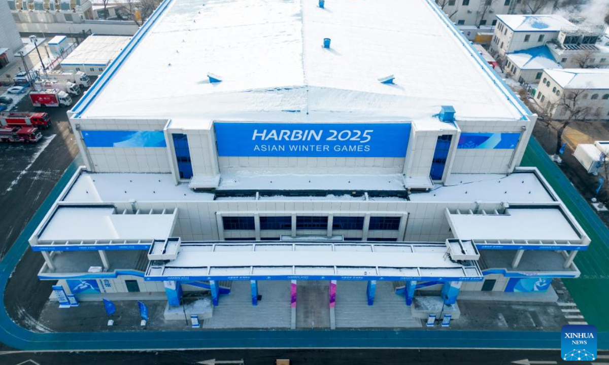 This aerial photo taken on Jan. 27, 2025 shows Heilongjiang Ice Events Training Center Multifunctional Hall in Harbin, northeast China's Heilongjiang Province. Photo:Xinhua