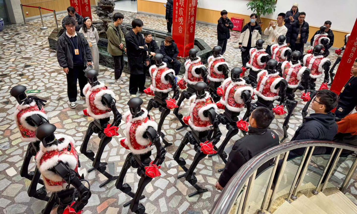 Unitree's yangge folk dance humanoid robot team lines up at the backstage of the 2025 Spring Festival Gala on January 28, 2025. Photo: Courtesy of Unitree