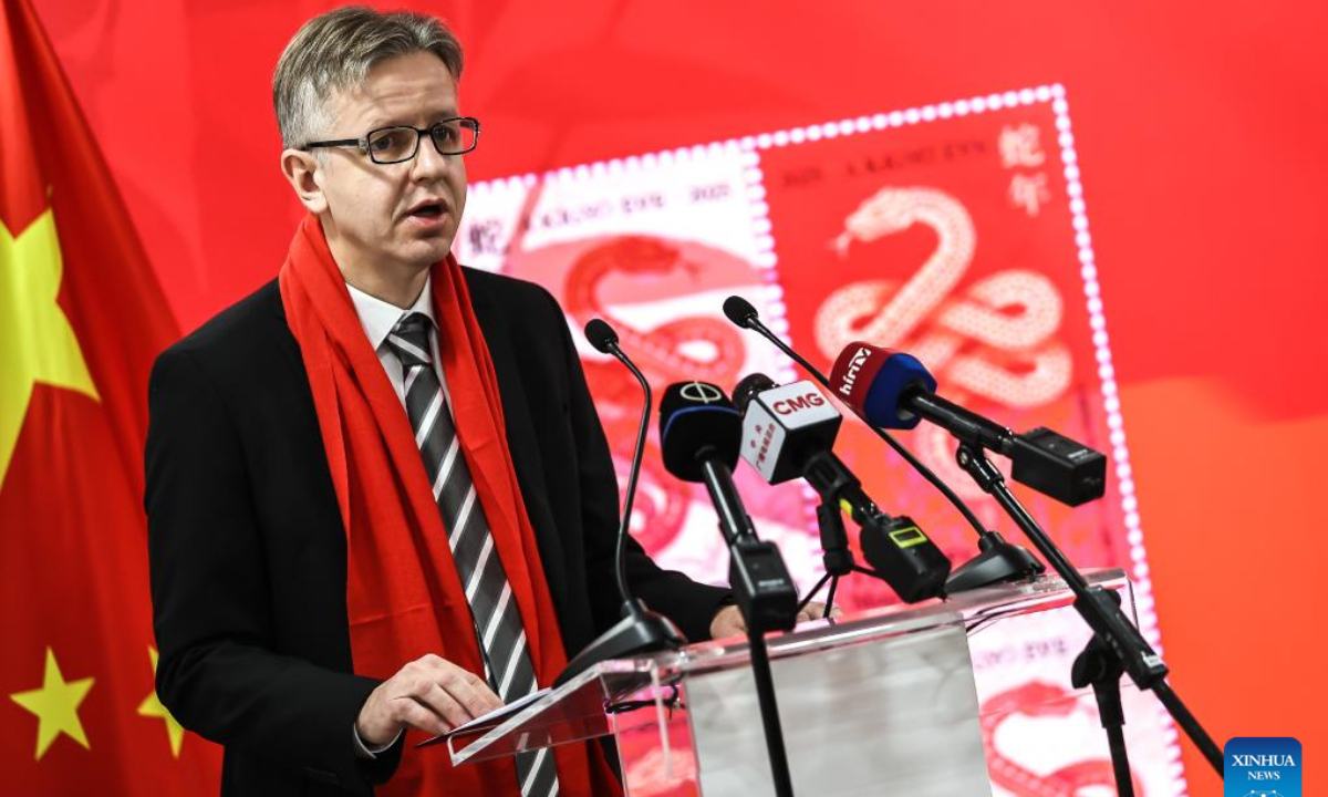 Hungarian Deputy State Secretary for State Assets Geza Lang speaks during a launch ceremony of the Year of the Snake stamp in Budapest, Hungary, on Jan. 21, 2025. A commemorative sheet of postage stamps celebrating the upcoming Chinese Lunar New Year, the Year of the Snake, was unveiled on Tuesday at the China Cultural Center in Budapest, Hungary. (Photo by David Balogh/Xinhua)