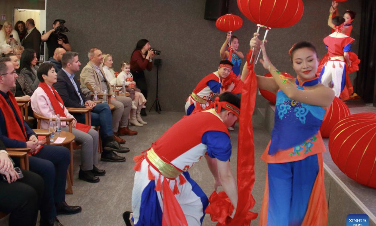 People perform a traditional Chinese dance during a celebration dedicated to the upcoming Spring Festival in Sofia, Bulgaria, on Jan. 12, 2025. (Photo by Marian Draganov/Xinhua)