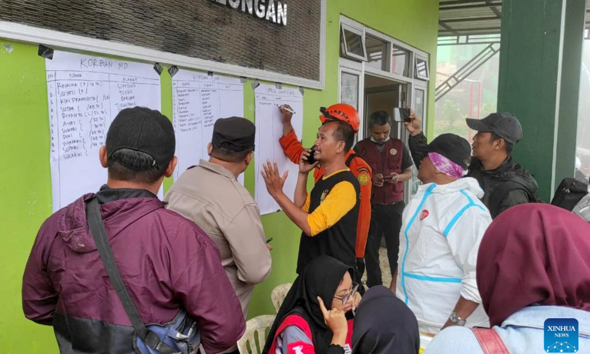 This mobile phone photo provided by Indonesia's National Disaster Management Agency (BNPB) shows officials collecting data of victims on board after landslide hit Kasimpar village in Pekalongan Regency, Central Java, Indonesia, Jan. 21, 2025. The death toll from landslides that struck Pekalongan region in Indonesia's Central Java province on Tuesday has risen to 18, according to the provincial disaster mitigation agency. (BNPB/Handout via Xinhua)