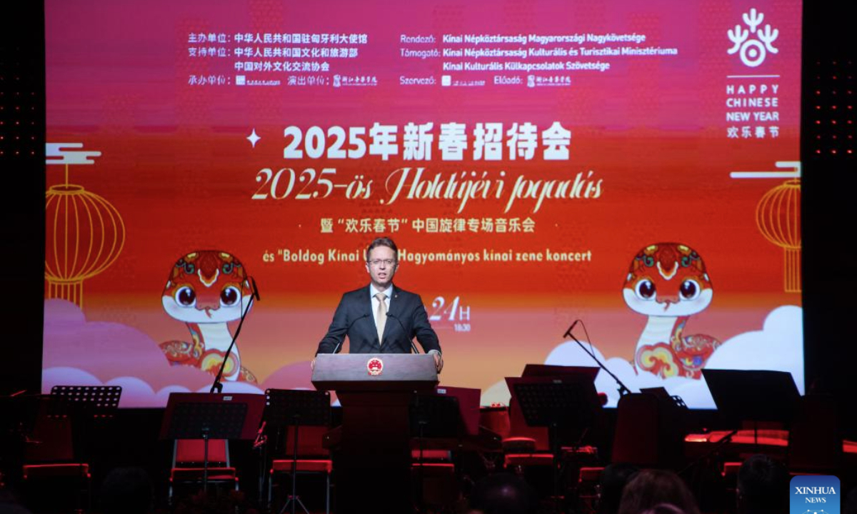 Hungarian Culture and Innovation Minister Balazs Hanko speaks at the Chinese New Year reception hosted by the Chinese Embassy in Budapest, Hungary, on Jan. 24, 2025. (Photo by Attila Volgyi/Xinhua)