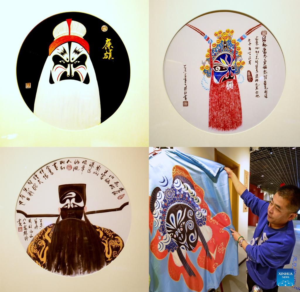 This combo photo shows Yang Qiang's Peking Opera facial makeup paintings and Yang displaying his facial makeup painting printed on the silk at a cultural center in Shijingshan District in Beijing, capital of China, Jan. 8, 2025.