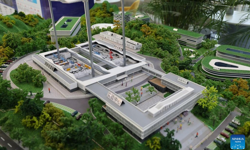 This photo taken on Jan. 10, 2025 shows a sand table model of facilities of the Advanced Attosecond Laser Infrastructure in Dongguan, south China's Guangdong Province. (Xinhua/Mao Siqian)