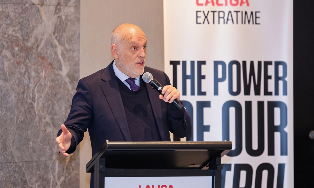 La Liga President Javier Tebas speaks in an event in Beijing on January 16, 2025. Photo: Courtesy of La Liga