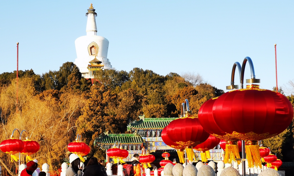 Red lanterns are hung at Beihai Park to welcome the Spring Festival in Beijing on January 16, 2025. Photo: VCG