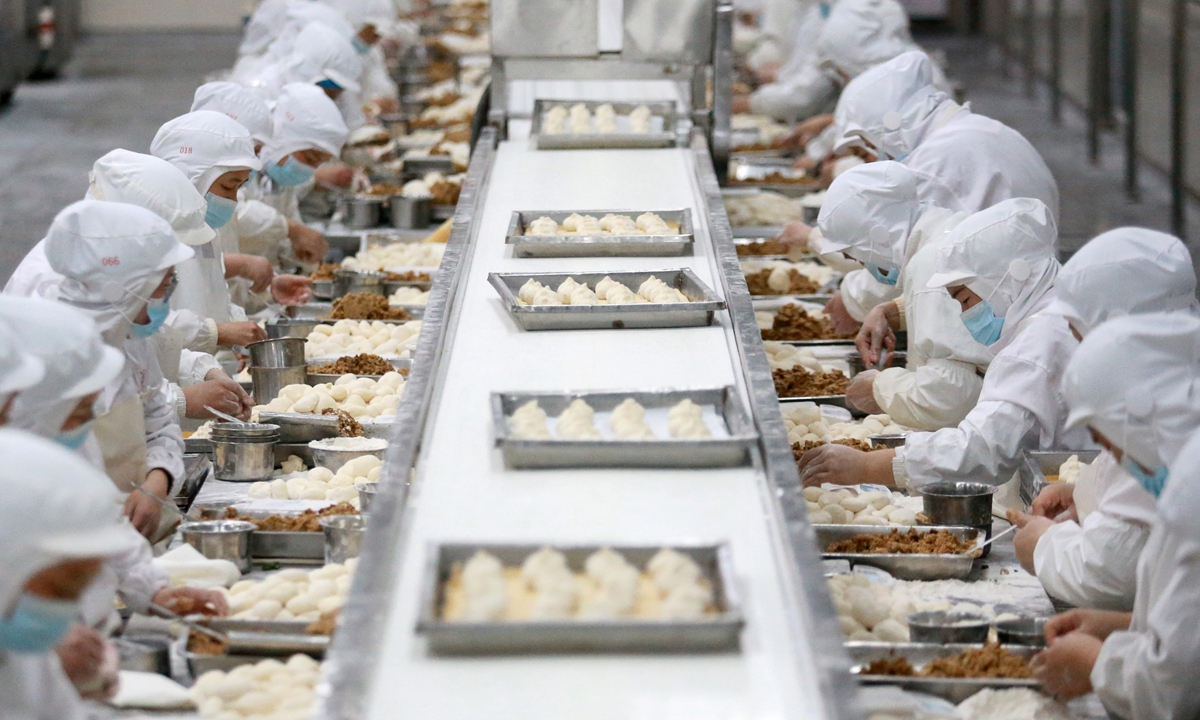 Workers are making steamed buns on January 17, 2025, in the workshop of a steamed bun production company in Yangzhou, East China's Jiangsu Province. According to data from the National Bureau of Statistics, the retail sales of grain and oil food products in China reached 2.17 trillion yuan ($297 billion) in 2024, up 9.9% year-on-year. Photo: VCG