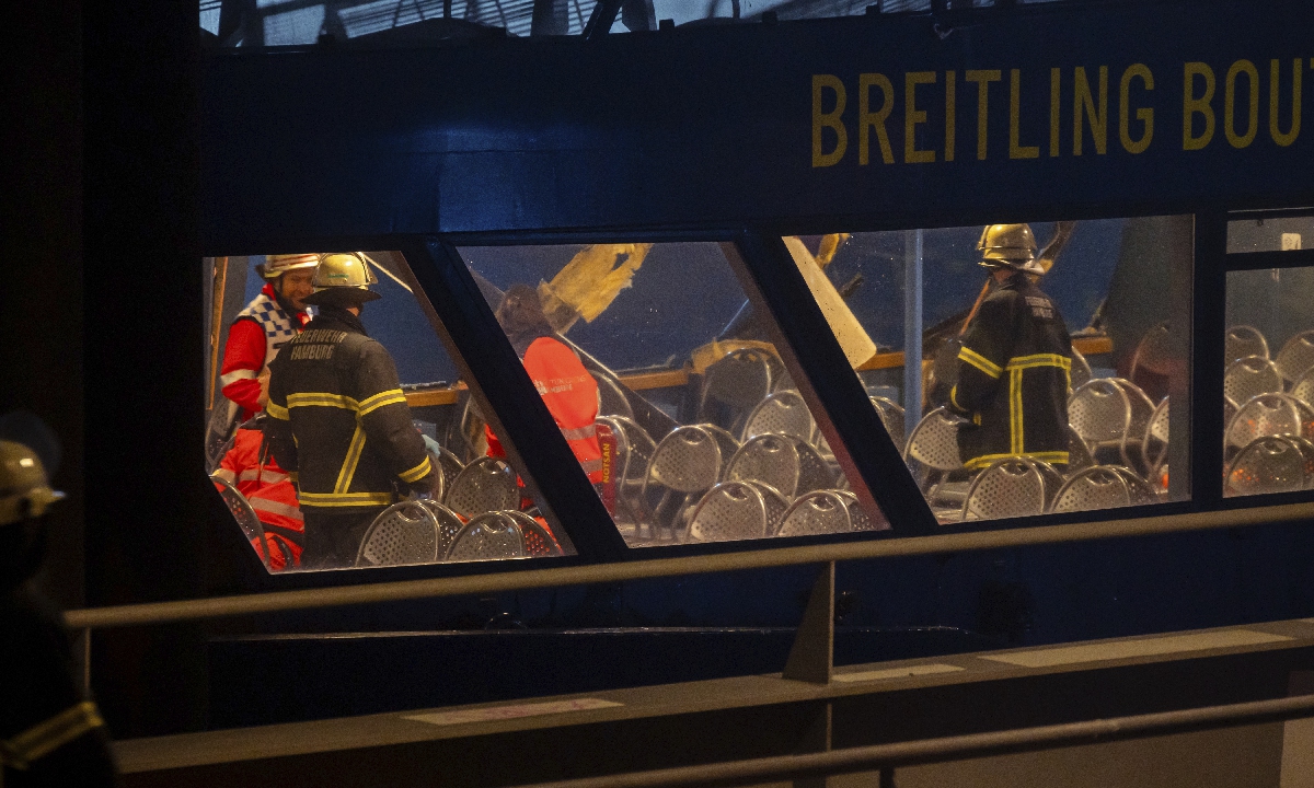 Emergency services work on the damaged ferry moored at the Dockland jetty in Hamburg, Germany, on January 20, 2025. Eleven people were injured when a transport vessel collided with a ferry on the Elbe river in the northern German port city of Hamburg, the fire brigade said, according to the German Press Agency. Photo: VCG