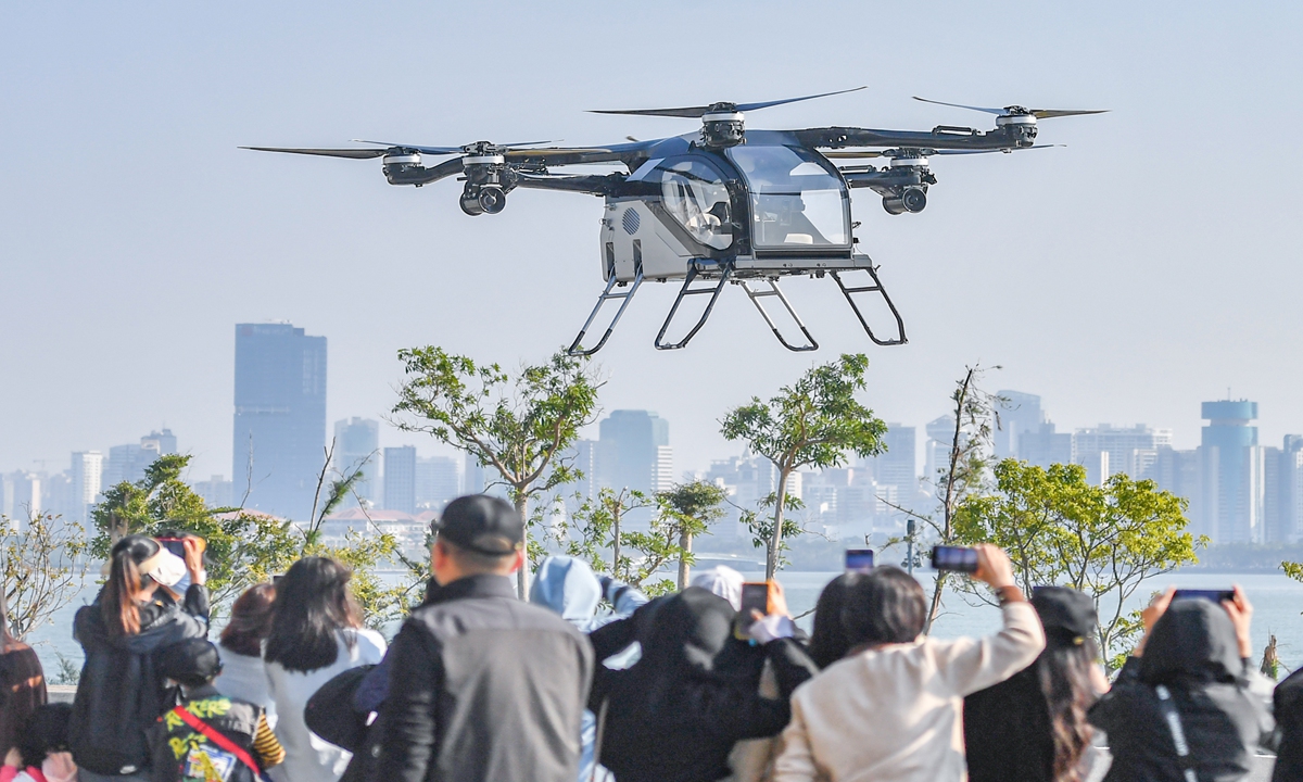 The Land Aircraft Carrier, the flying car developed by Chinese electric vehicle maker XPENG, completed its first public flight in Haikou, South China's Hainan Province on January 21, 2025. The Civil Aviation Administration of China estimates that the country's low-altitude market will soar from 500 billion yuan ($68.36 billion) in 2023 to 1.5 trillion yuan in 2025 and as much as 3.5 trillion yuan in 2035. Photo: VCG