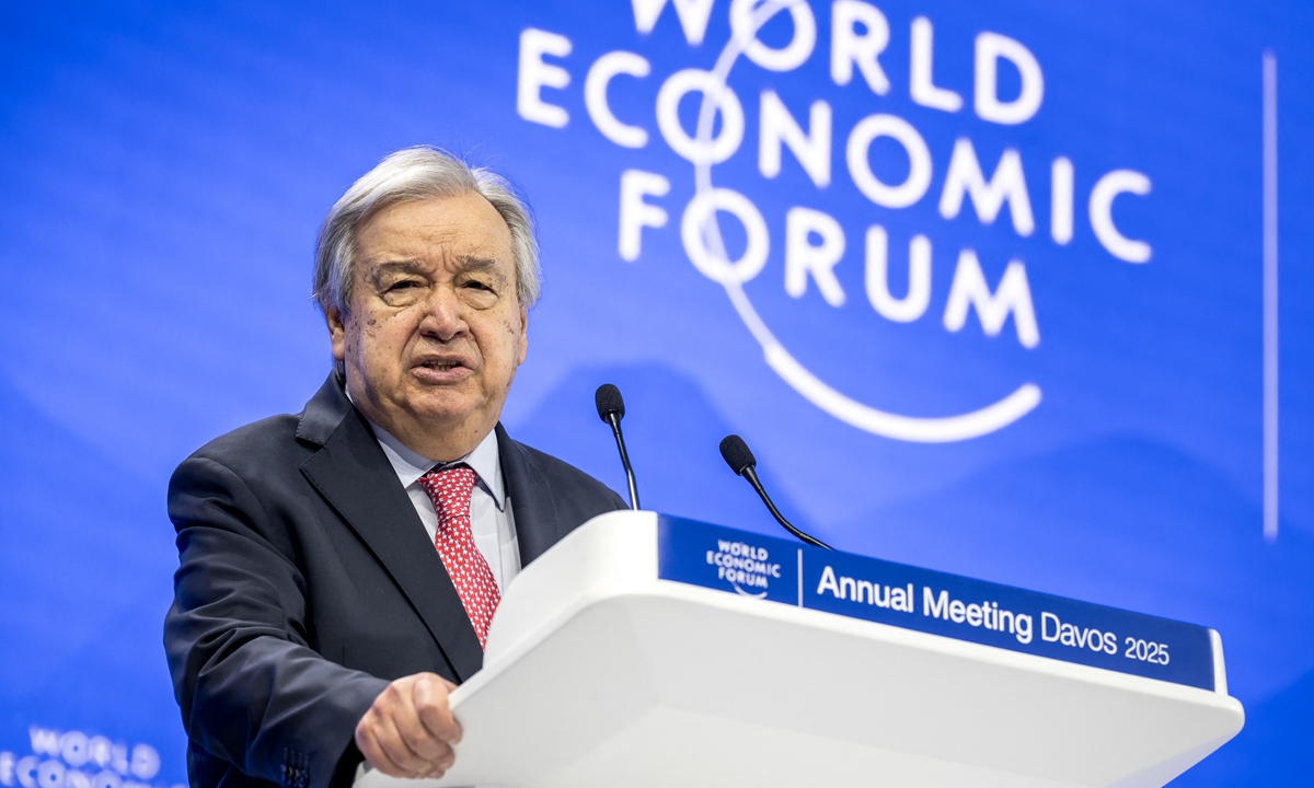 UN Secretary-General Antonio Guterres gives a speech during the World Economic Forum (WEF) annual meeting in Davos on January 22, 2025.  Photo: AFP