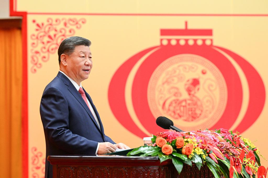 Chinese President Xi Jinping, also general secretary of the Communist Party of China (CPC) Central Committee and chairman of the Central Military Commission, delivers a speech at a high-level reception to ring in the Chinese New Year at the Great Hall of the People in Beijing, capital of China, Jan. 27, 2025. The CPC Central Committee and the State Council held the reception on Monday in Beijing. (Xinhua/Li Xueren)