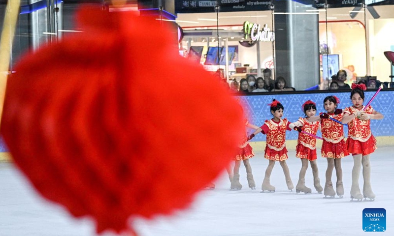 Children take part in a performance on ice to celebrate the upcoming Chinese Lunar New Year, or the Spring Festival, at Bintaro Exchange Mall in South Tangerang, Banten Province, Indonesia, Jan. 25, 2025. (Xinhua/Agung Kuncahya B.)