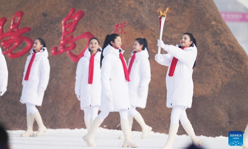 This photo taken on Jan. 20, 2025 shows the flame lighting ceremony for the 9th Asian Winter Games at the Sun Island Scenic Area in Harbin, northeast China's Heilongjiang Province. As the 9th Asian Winter Games (AWG) approaching, Harbin, known for its stunning ice sculptures and deep-rooted winter sports culture, is brimming with anticipation. As the city's iconic landmark, the Harbin Ice-Snow World, with this year's edition, the largest in its history, boasts 1 million square meters. The park shares its theme this year with the upcoming AWG to be held in Harbin: Dream of Winter, Love Among Asia. Harbin, which successfully hosted the 3rd AWG in 1996, is once again stepping onto the world stage. The whole city is under an upgrade to provide better services for winter sports lovers and tourists. Photo: Xinhua