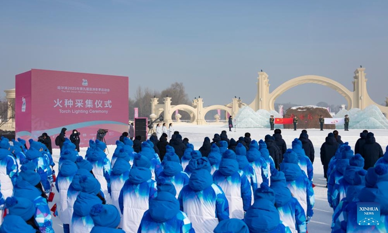 This photo taken on Jan. 20, 2025 shows the flame lighting ceremony for the 9th Asian Winter Games at the Sun Island Scenic Area in Harbin, northeast China's Heilongjiang Province. As the 9th Asian Winter Games (AWG) approaching, Harbin, known for its stunning ice sculptures and deep-rooted winter sports culture, is brimming with anticipation. As the city's iconic landmark, the Harbin Ice-Snow World, with this year's edition, the largest in its history, boasts 1 million square meters. The park shares its theme this year with the upcoming AWG to be held in Harbin: Dream of Winter, Love Among Asia. Harbin, which successfully hosted the 3rd AWG in 1996, is once again stepping onto the world stage. The whole city is under an upgrade to provide better services for winter sports lovers and tourists. Photo: Xinhua