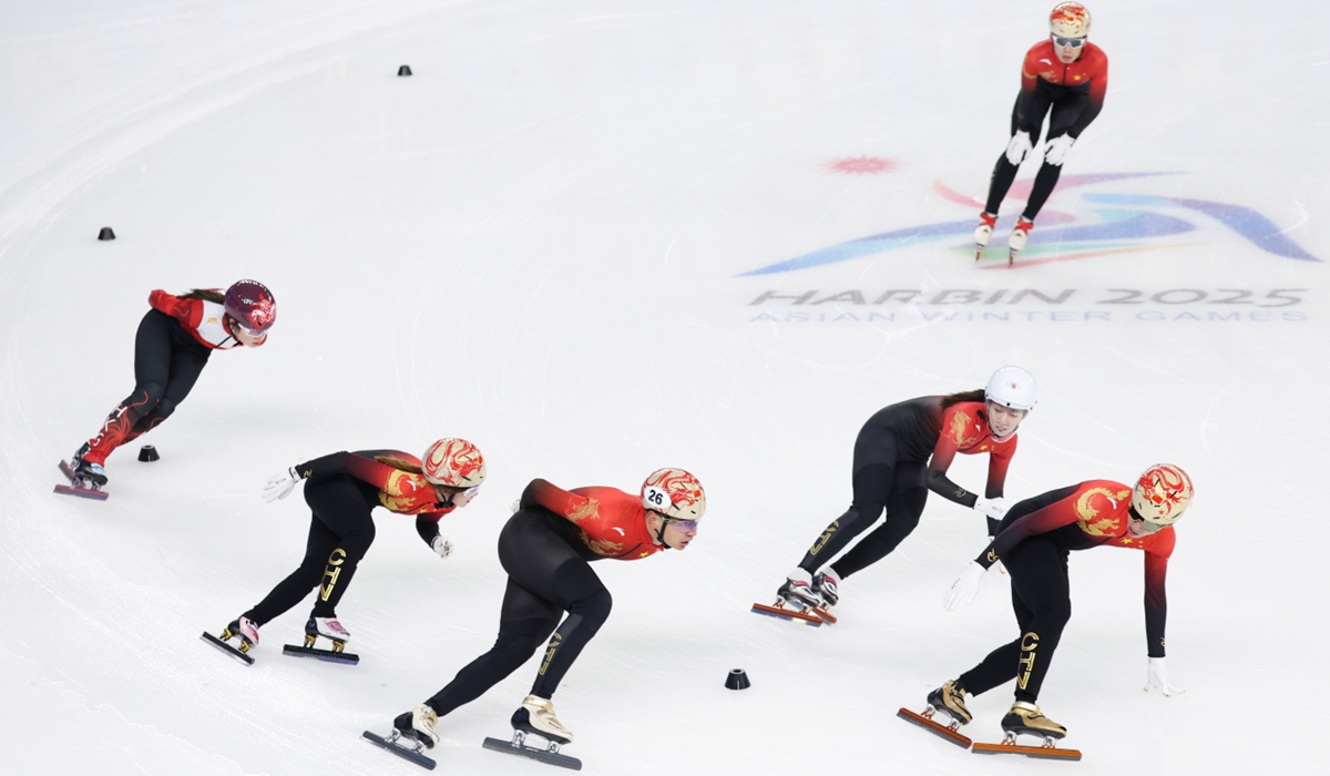 Chinese skaters attend a training session ahead of the short track speed skating competition at the 2025 Asian Winter Games in Harbin, Northeast China's Heilongjiang Province, on February 6, 2025. Photo: Courtesy of the organizing committee