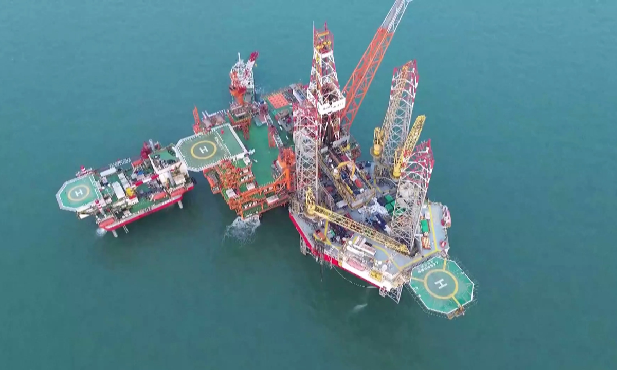 An aerial view of the Bozhong 26-6 Oilfield located in China's Bohai Sea. The first phase of the oilfield, by far the largest metamorphic rock oilfield in the world, commenced production on February 7, 2025. Photo: VCG
