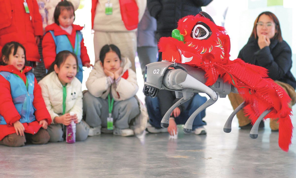 A robot dog performs a