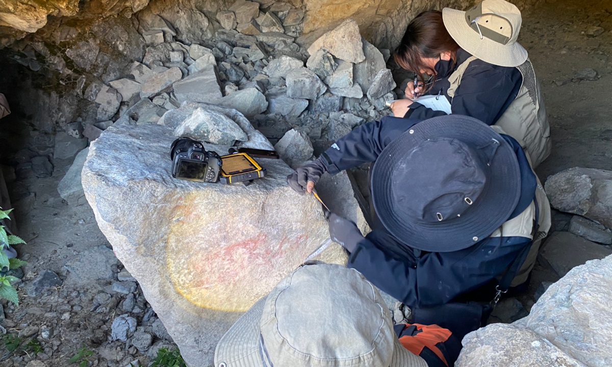 Members of a team consisting of five Tibetan women inspect cultural relics in Nagqu Prefecture, Southwest China's Xizang Autonomous Region. Photo: Courtesy of Tsering Qucuo 