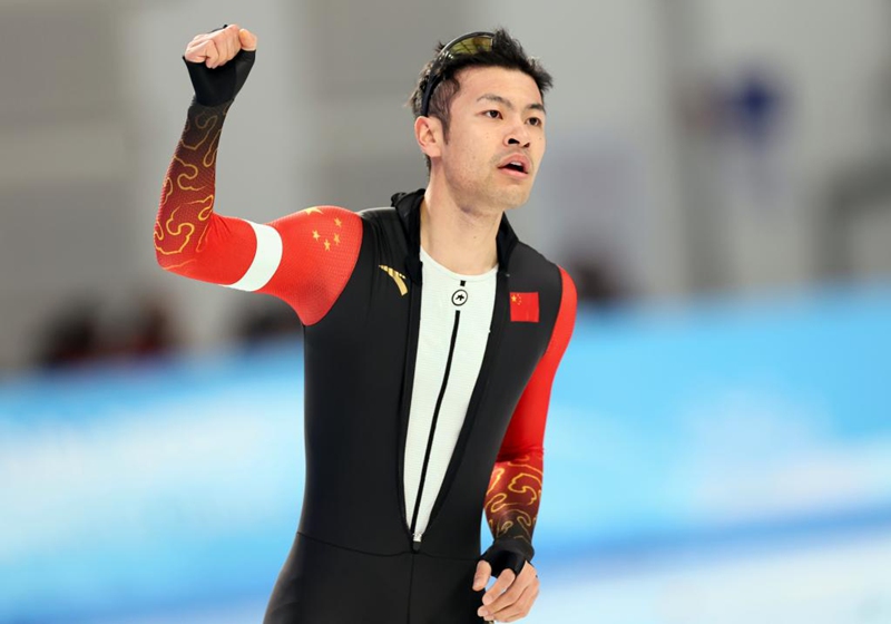 Ning Zhongyan of China celebrates after the men's 1,000m final match of the speed skating event at the 9th Asian Winter Games in Harbin, northeast China's Heilongjiang Province, Feb. 11, 2025. Photo: Xinhua