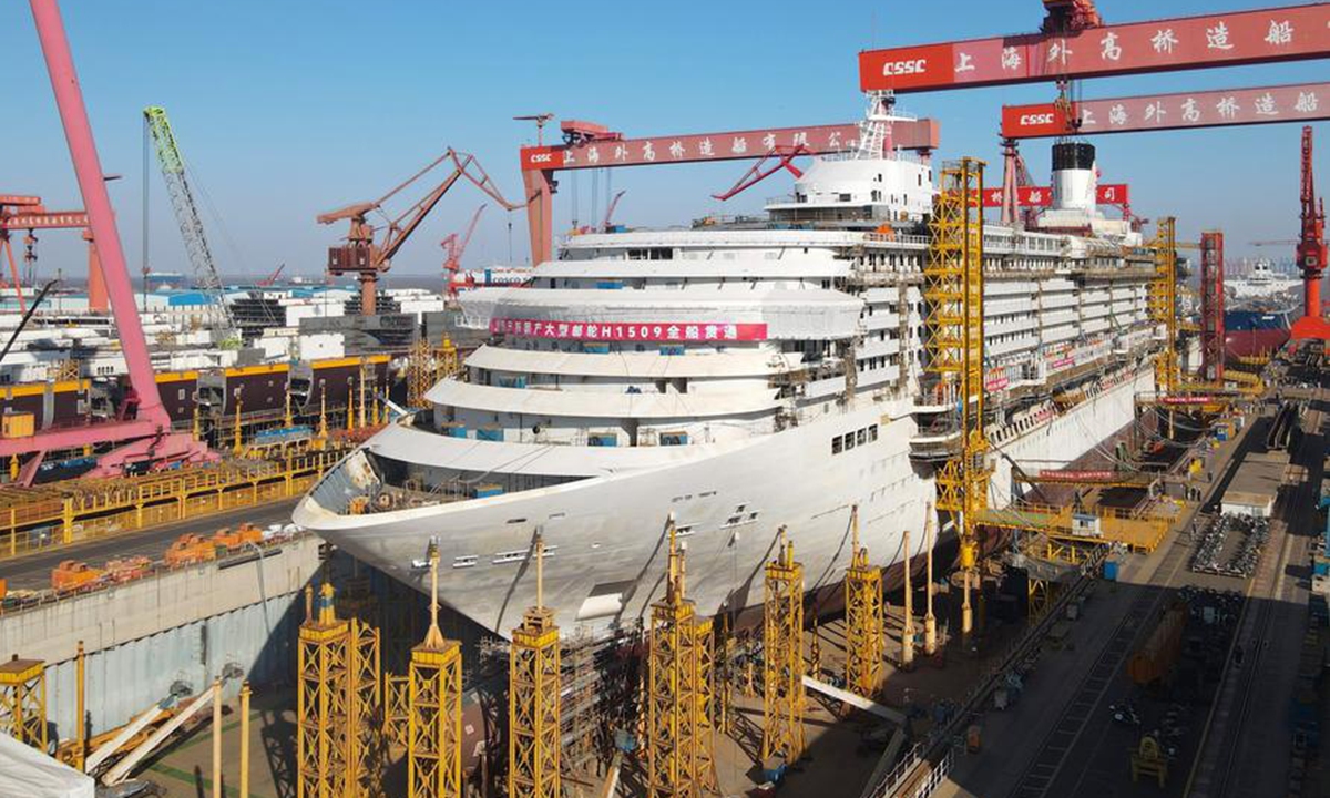 A drone photo taken on Jan. 15, 2025 shows the cruise ship Adora Flora City under construction at Shanghai Waigaoqiao Shipbuilding Co., Ltd. in Shanghai, east China. (Xinhua/Fang Zhe)