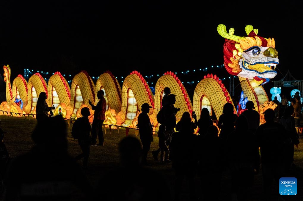 People take photos in front of a dragon-shaped lantern during a Lantern Festival celebration in Auckland, New Zealand, on Feb. 13, 2025. (Photo: Xinhua)