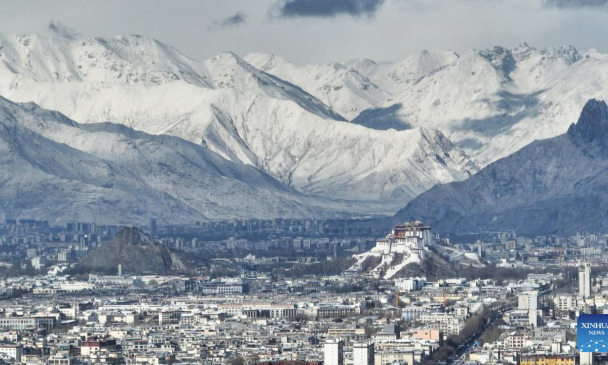 An aerial drone photo taken on Feb. 16, 2025 shows the snow scenery of the Potala Palace in Lhasa, southwest China's Xizang Autonomous Region. (Xinhua/Tenzin Nyida)