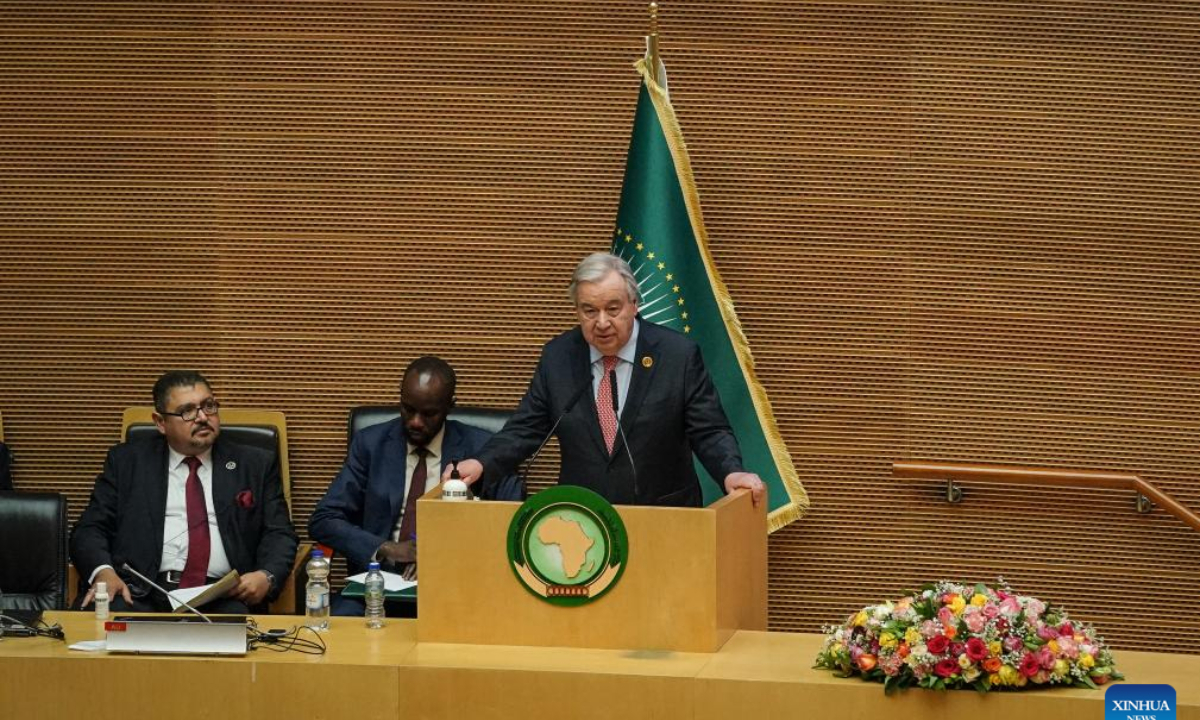 UN Secretary-General Antonio Guterres speaks during the opening ceremony of the 38th Ordinary Session of the African Union (AU) Assembly of the Heads of State and Government in Addis Ababa, Ethiopia, Feb. 15, 2025.

The summit, themed Justice for Africans and People of African Descent Through Reparations, opened Saturday at the AU headquarters in Addis Ababa, the capital of Ethiopia.

A key agenda item at the summit is the election of senior leadership positions within the AU Commission, including the chairperson, deputy chairperson, and six commissioners. (Xinhua/Han Xu)