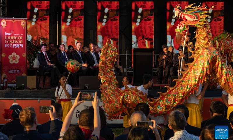 People watch a dragon dance performance during a Lantern Festival celebration in Auckland, New Zealand, on Feb. 13, 2025. (Photo: Xinhua)