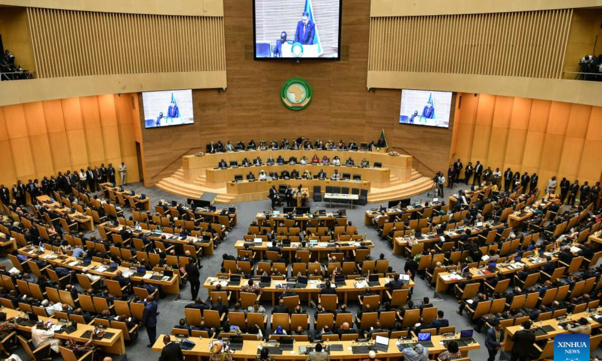 This photo taken on Feb. 15, 2025 shows the venue of the 38th Ordinary Session of the African Union (AU) Assembly of the Heads of State and Government in Addis Ababa, Ethiopia. The summit, themed Justice for Africans and People of African Descent Through Reparations, opened Saturday at the AU headquarters in Addis Ababa, the capital of Ethiopia. A key agenda item at the summit is the election of senior leadership positions within the AU Commission, including the chairperson, deputy chairperson, and six commissioners. (Xinhua/Han Xu)