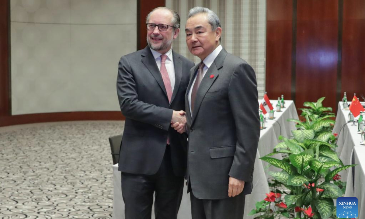 Chinese Foreign Minister Wang Yi, also a member of the Political Bureau of the Communist Party of China Central Committee, meets with Austrian interim Chancellor and Foreign Minister Alexander Schallenberg on the sidelines of the Munich Security Conference, in Munich, Germany, Feb. 15, 2025. (Xinhua/Zhang Fan)