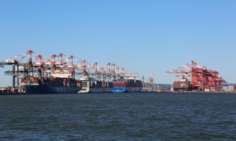 Containers are seen in the process of logistics operations at Port Newark Container Terminal and Maher Terminal owned by the Port Authority of New York and New Jersey in Bayonne, New Jersey, the US, on October 19, 2021. Photo: Xinhua