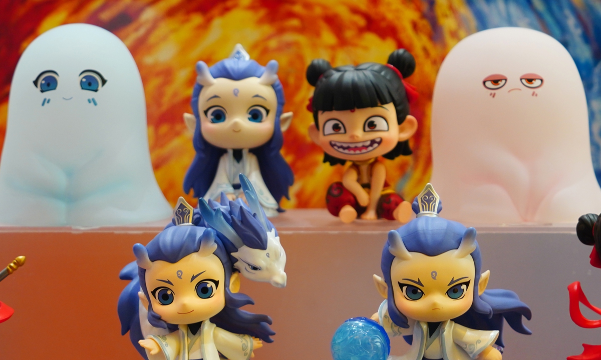 Figurines of characters from Chinese animated movie Ne Zha 2 are on display at a Pop Mart store in Beijing on February 17, 2025. The highly popular merchandise is currently out of stock. Ne Zha 2 made history once again on the day, surpassing Disney's 2019 The Lion King to secure a spot among the top 10 highest-grossing films of all time globally. Photo: VCG