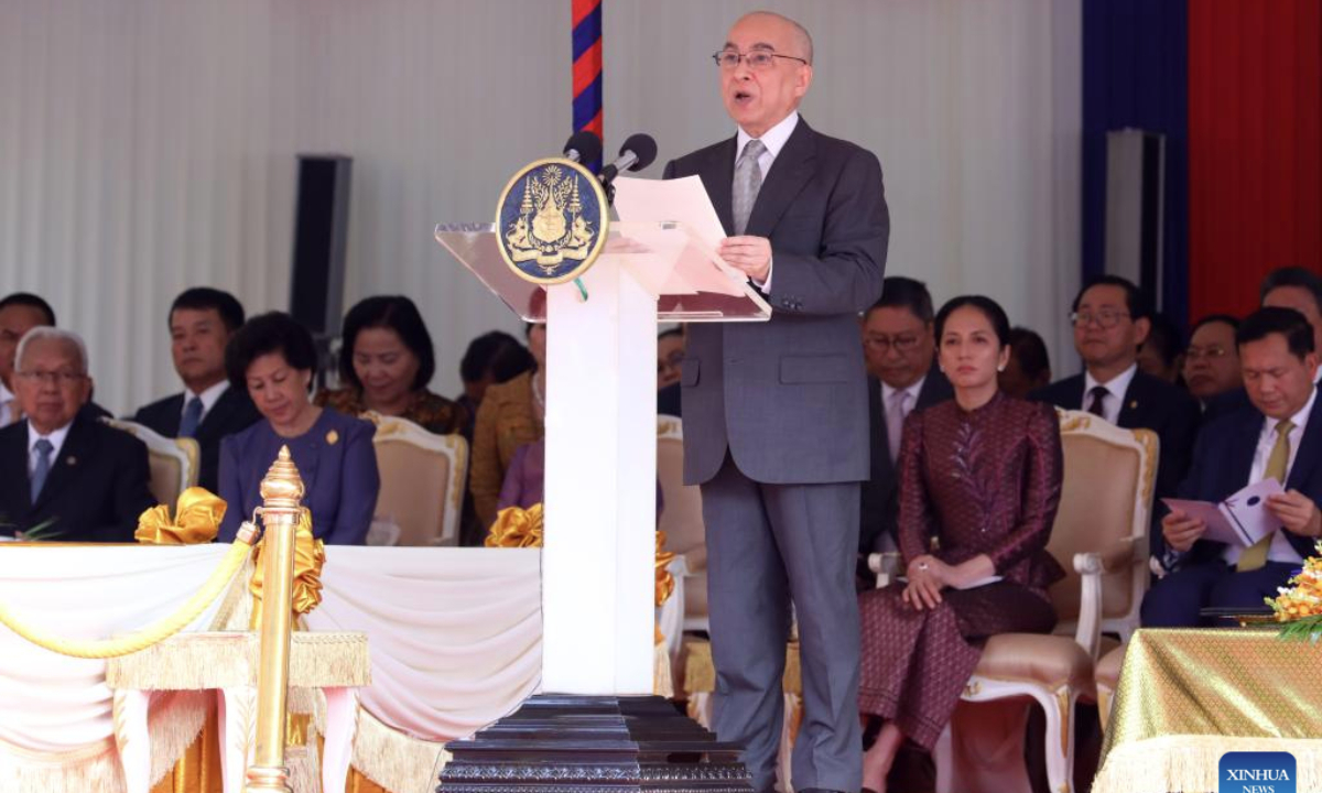 Cambodian King Norodom Sihamoni delivers a speech during the inauguration of the residence of the Great Supreme Patriarch Chuon Nath at Unnalom Pagoda in Phnom Penh, Cambodia on Feb. 17, 2025. (Photo by Sovannara/Xinhua)