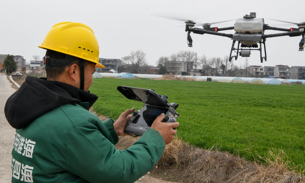 A crop protection personnel pilots a drone to conduct low-altitude pest control operations in a wheat field in Tongling, East China's Anhui Province on February 17, 2025. It is the critical time for wheat field management and farmers are using agricultural machinery such as drones and automatic sprayers to ensure a good harvest of wheat this year. 