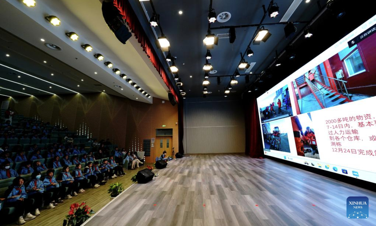 Students have a video call with members of China's 41st Antarctic expedition team at a middle school in Shanghai, east China, Feb. 17, 2025. With a mixture of nerves and excitement, many students in China attended their special first class of new semester. (Xinhua/Zhang Jiansong)