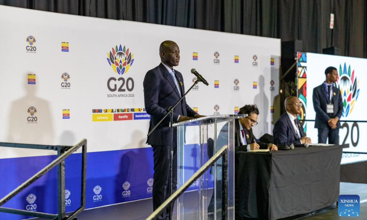 South African Minister of International Relations and Cooperation Ronald Lamola speaks during a media briefing after the G20 Foreign Ministers' Meeting in Johannesburg, South Africa, Feb. 21, 2025. (Xinhua/Zhang Yudong)