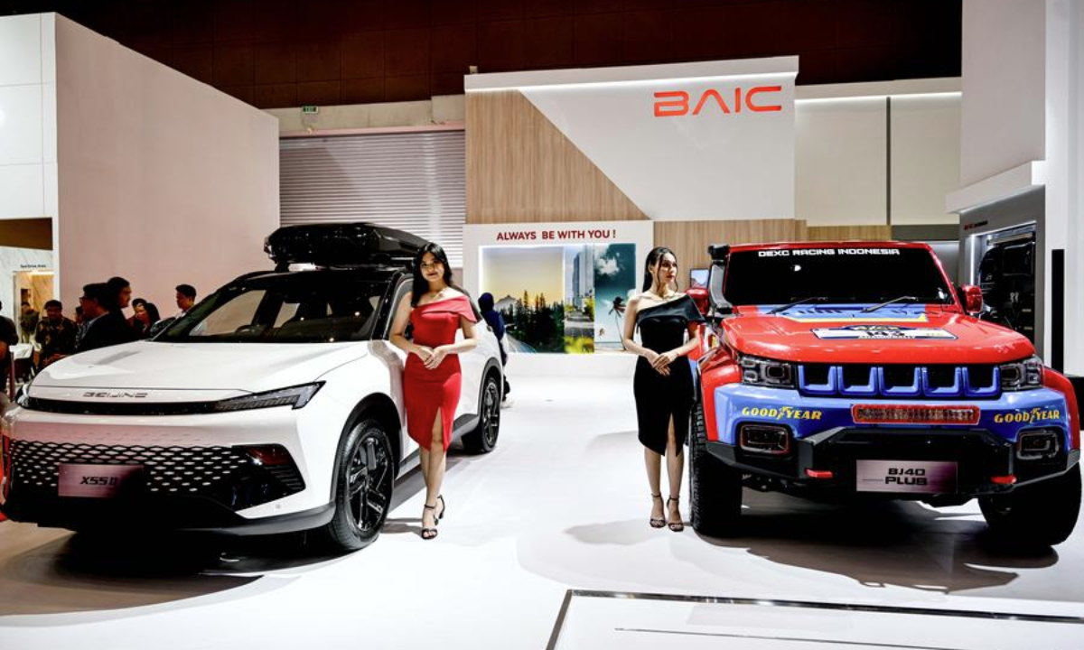 This photo taken on Feb. 13, 2025 shows the booth of Chinese auto brand BAIC during the 2025 Indonesia International Motor Show (IIMS) in Jakarta, Indonesia. (Xinhua/Agung Kuncahya B.)