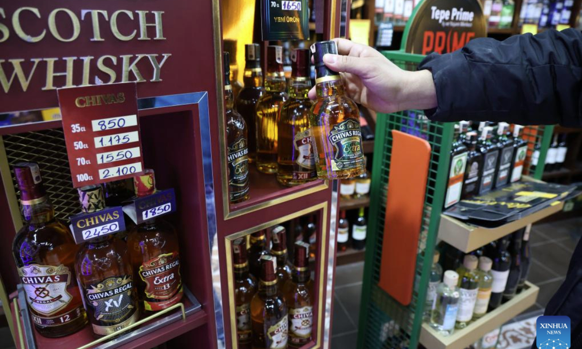 Alcoholic drinks are pictured at a store in Ankara, Türkiye, on Feb. 16, 2025. (Mustafa Kaya/Handout via Xinhua)