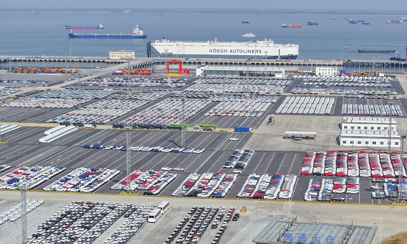 Vehicles wait to be loaded onto a ro-ro ship for export to overseas markets in Taicang Port in Suzhou, East China's Jiangsu Province, on February 18, 2025. Local customs data showed that the port handled the export of 50,700 vehicles in January, up 46.26 percent year-on-year.  Photo: VCG