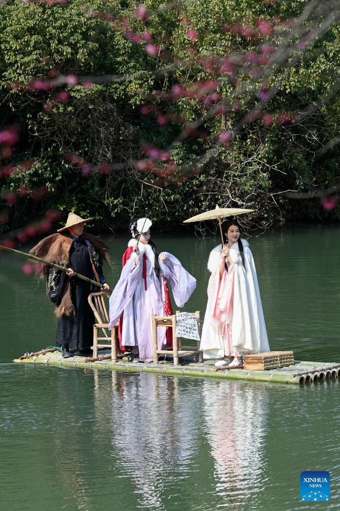 People in traditional costumes enjoy plum blossoms while riding a bamboo raft at the Xixi National Wetland Park in Hangzhou, east China's Zhejiang Province, Feb. 18, 2025. The Xixi wetland in Hangzhou has entered the best season for viewing plum blossoms. (Photo: Xinhua)