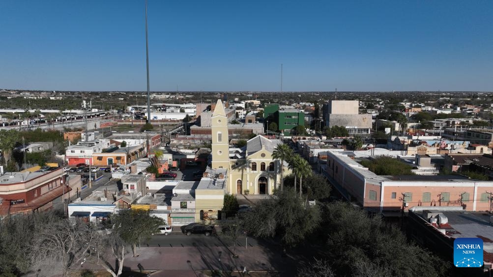 This aerial drone photo taken on Feb. 16, 2025 shows a view of the city center of Nuevo Laredo, Tamaulipas, Mexico. The Mexico and the U.S. share a borderline of over 3,100 kilometers, with the eastern section primarily defined by the Rio Grande River. (Photo: Xinhua)