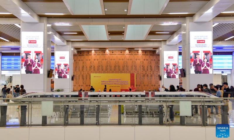 This photo taken on Feb. 17, 2025 shows a model of a high-speed Electric Multiple Unit (EMU) train of the Jakarta-Bandung High-Speed Railway in the waiting hall of Halim Station in Jakarta, Indonesia. The Jakarta-Bandung High-Speed Railway (Whoosh) has transported 8.01 million passengers as of Monday since its commercial launch on Oct. 17, 2023, according to PT Kereta Cepat Indonesia China (KCIC) on Tuesday. (Photo: Xinhua)