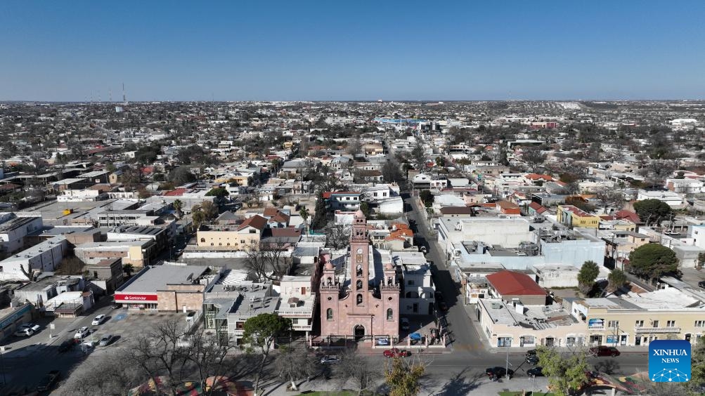 An aerial drone photo taken on Feb. 16, 2025 shows a city view of Piedras Negras, Coahuila, Mexico. The Mexico and the U.S. share a borderline of over 3,100 kilometers, with the eastern section primarily defined by the Rio Grande River. (Photo: Xinhua)