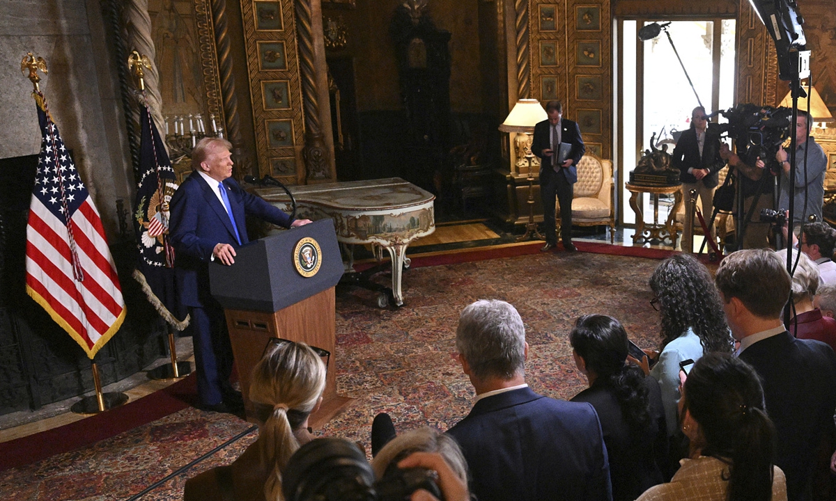 US President Donald Trump speaks at Mar-a-Lago, Florida on February 18, 2025. Photo: VCG