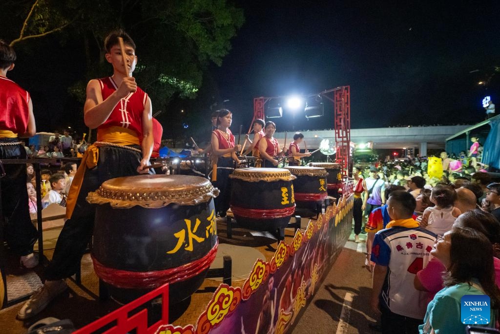 Drummers perform in Johor, Malaysia, Feb. 18, 2025. The annual event was held here on Tuesday, with various activities such as dragon dance, lion dance, dance performances and float parade. (Photo: Xinhua)